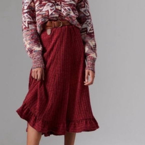 Anthropologie Long Skirt Ribbed Knit Ruffled XS Pauline Red - Picture 1 of 8